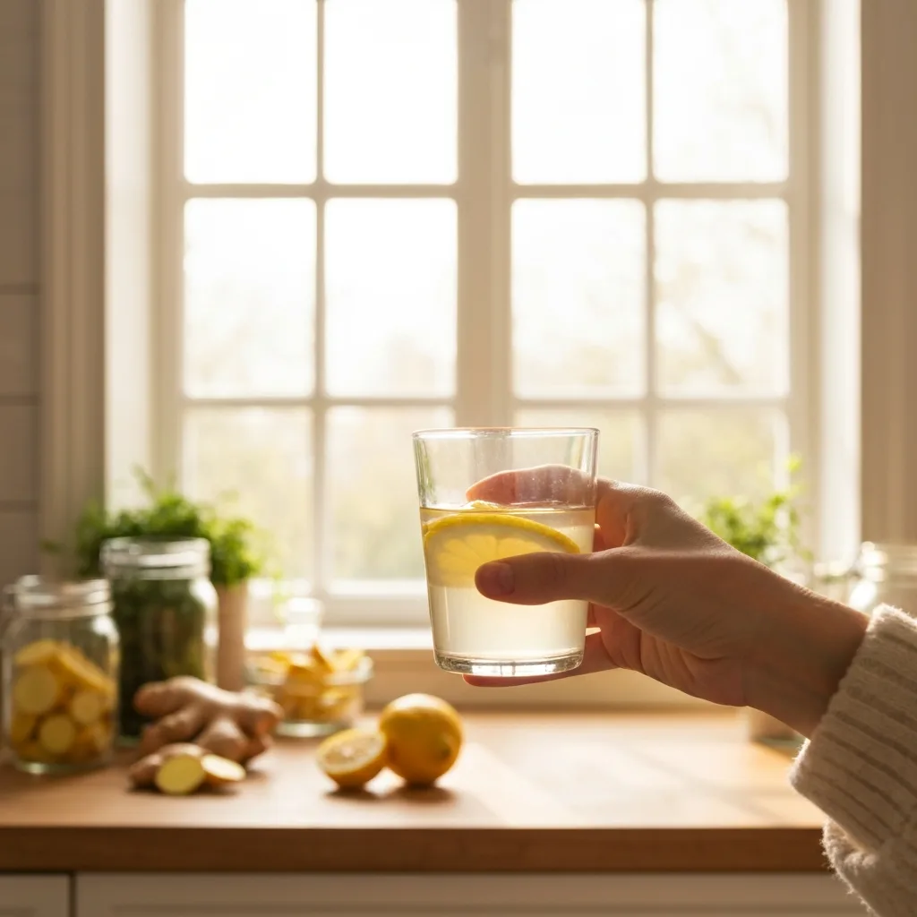 Hand holding ginger lemon drink near bright kitchen window ingwer trick