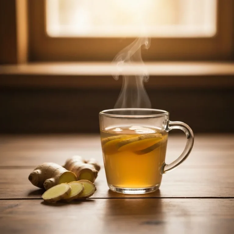 Warm ginger tea in a glass mug with fresh ginger slices on a kitchen counter ingwer trick