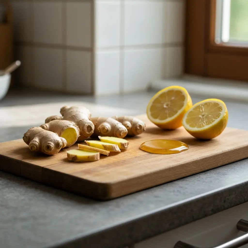 Fresh ginger root with lemon and honey on a cutting board ingwer trick