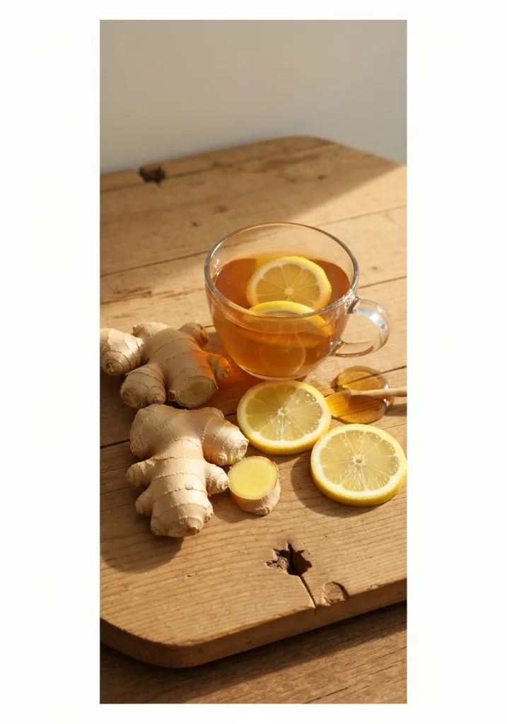 Vertical Pinterest image of ginger tea with lemon and honey ingwer trick