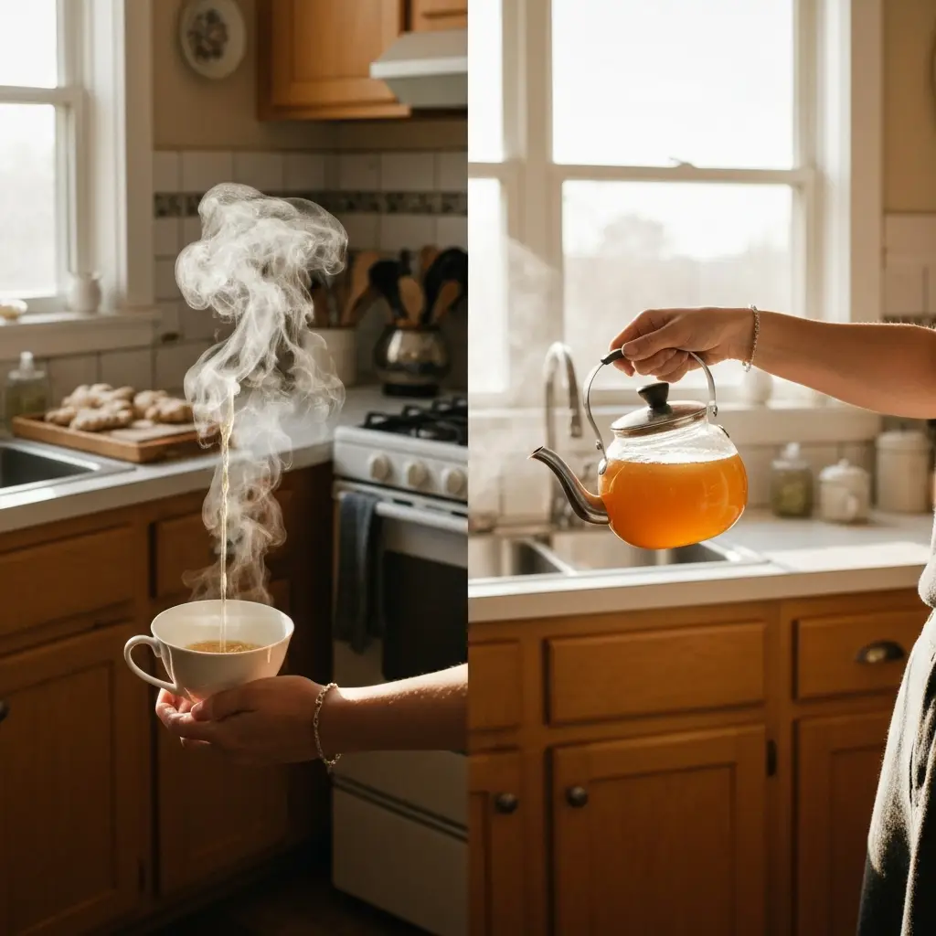 Ginger tea being poured into a cup with steam rising ingwer trick