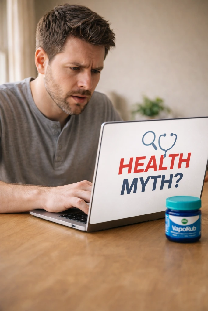 Man researching health with Vicks Vaporub nearby vertical Does vicks vaporub shrink your prostate